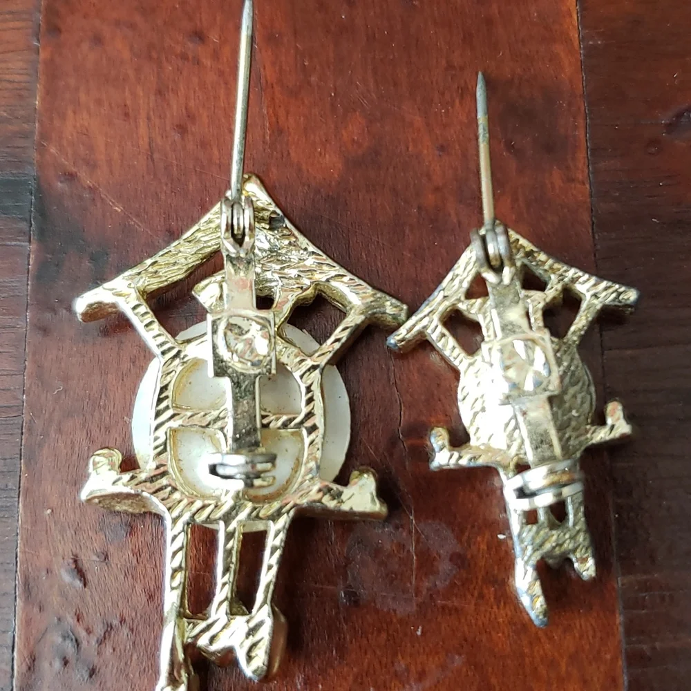 Cuckoo Clock Mother of Pearl Brooches Set Of Two